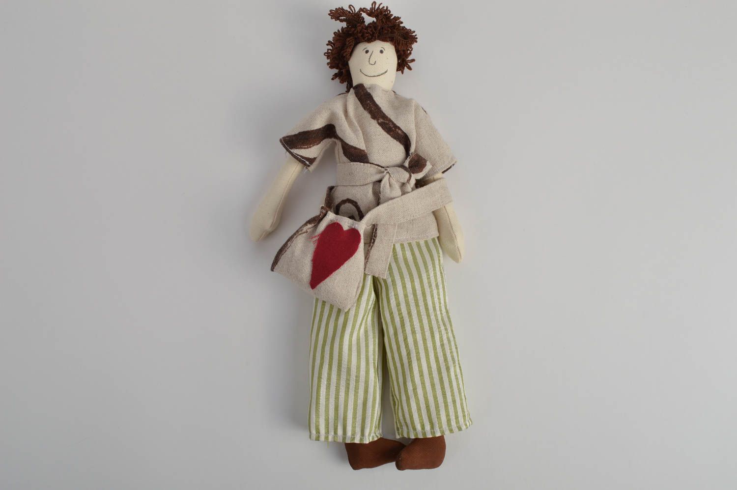 Handmade designer fabric soft doll for kids and interior decor boy with bag photo 2