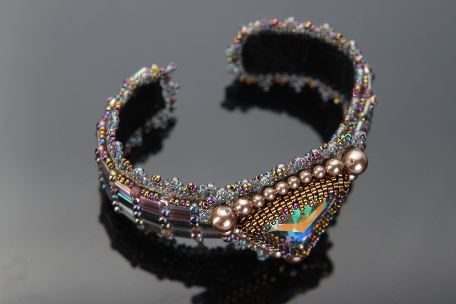 Handmade sparkling wrist bracelet embroidered with beads and Austrian crystal  photo 2