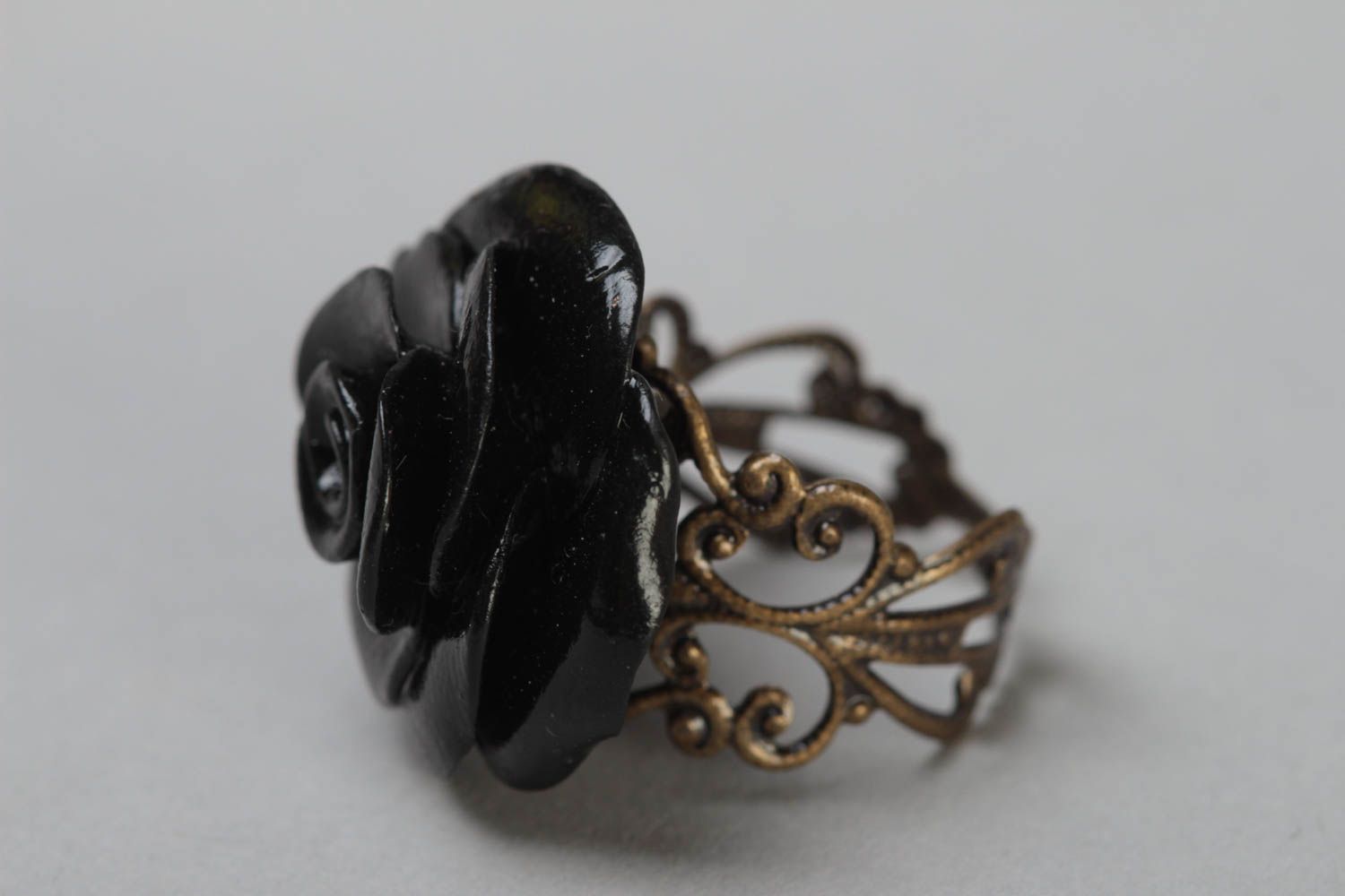 Handmade ring made of polymer clay with adjustable size Black Rose fine jewelry photo 3