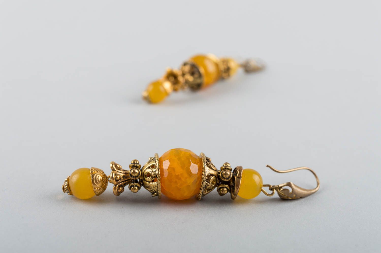 Handmade earrings with natural stones in yellow color long handmade accessory photo 5