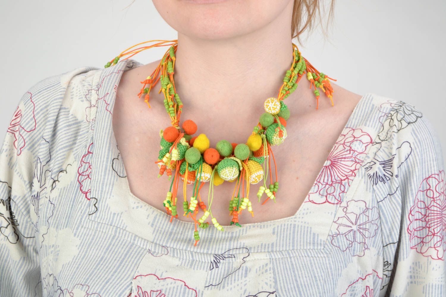 Handmade bead necklace crocheted over with cotton threads Citrus Bouquet photo 2