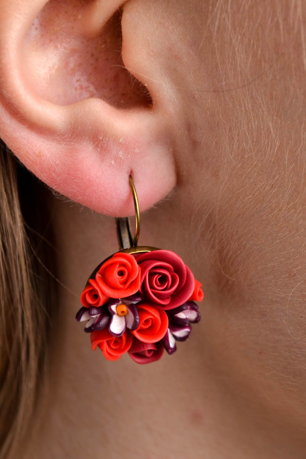Handmade tender red earrings flower unusual earrings stylish accessory photo 1