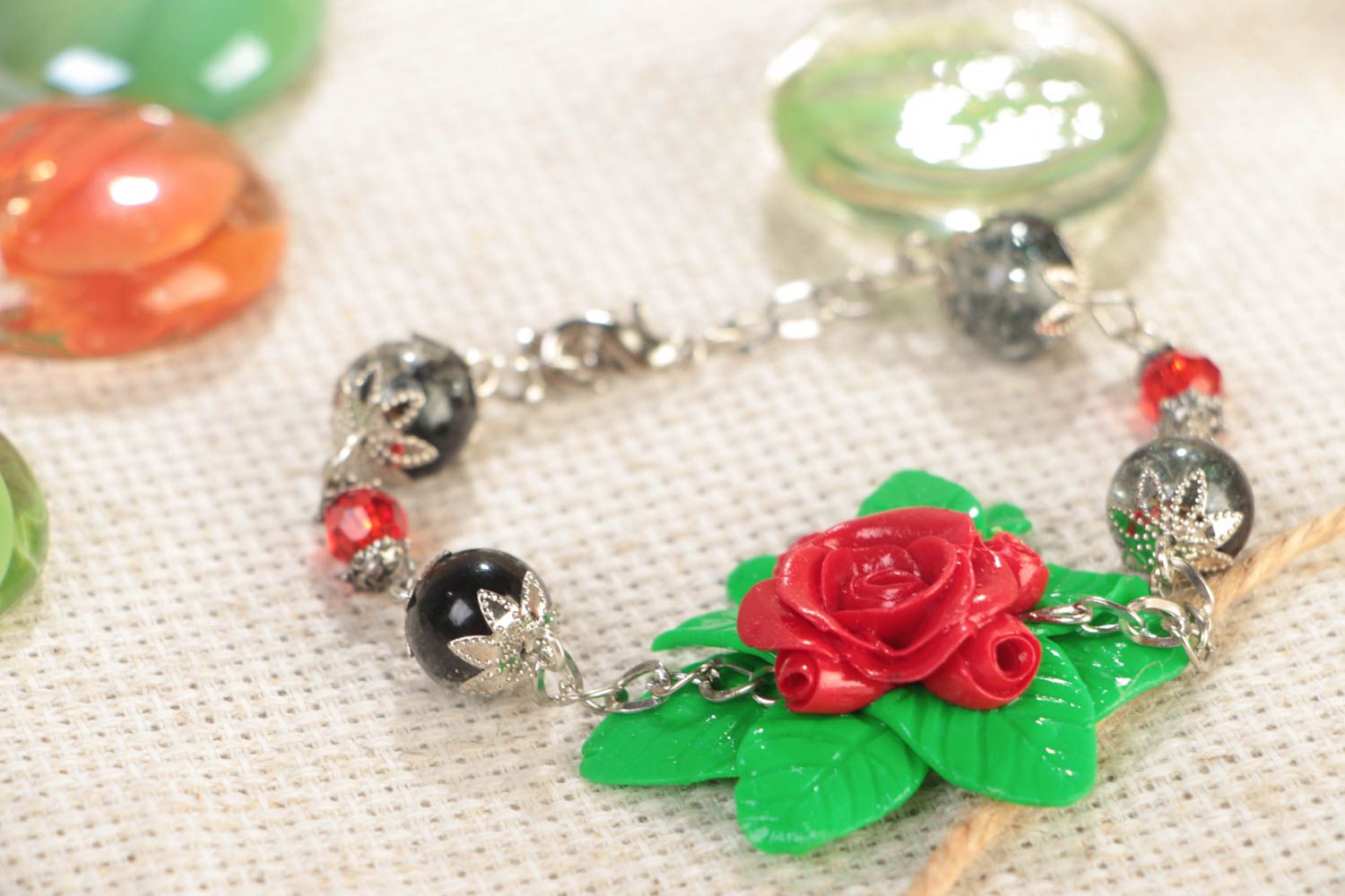 Handmade wrist bracelet on metal chain with colorful polymer clay flowers photo 2