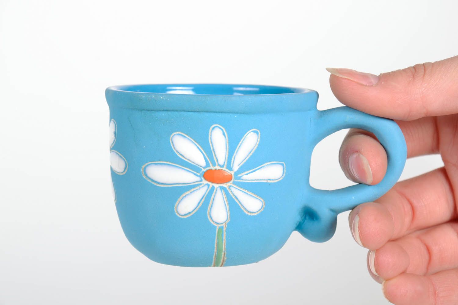Art ceramic cup Camomile in blue and white color with handle photo 2