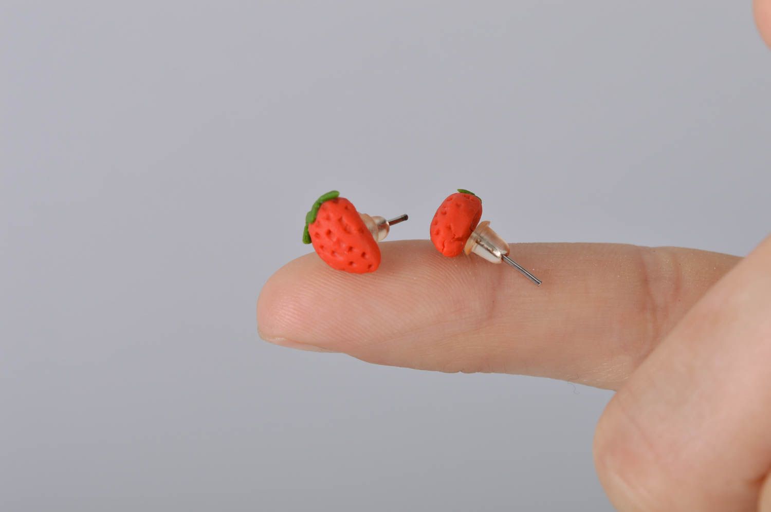 Handmade small cute stud earrings with cold porcelain red strawberries photo 5