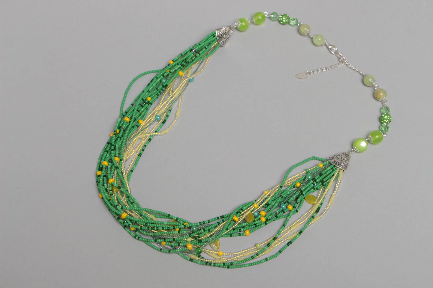 Handmade multi row beaded necklace in green and yellow color combination photo 2