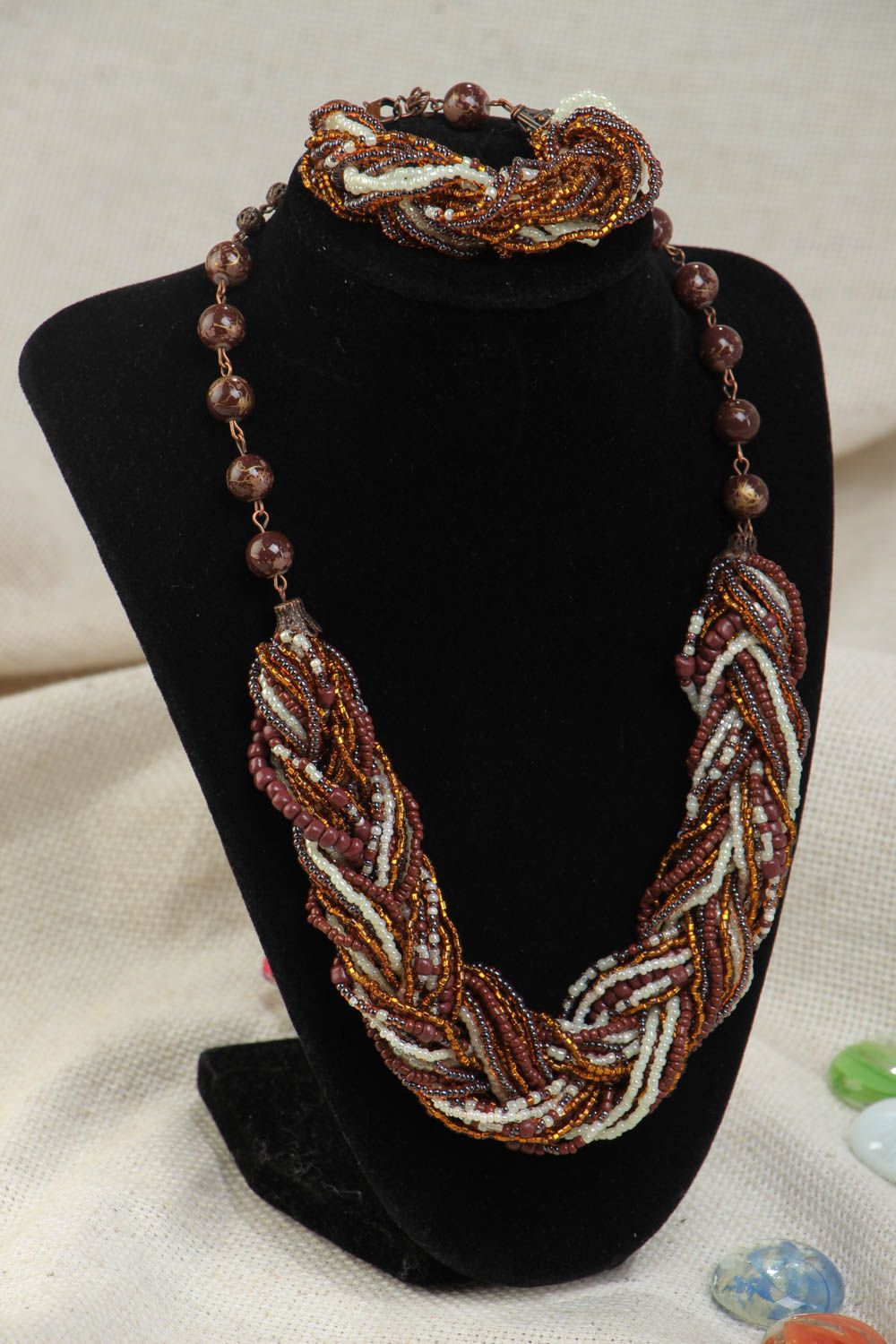 Handmade woven beaded jewelry set 2 pieces brown bracelet and necklace photo 1