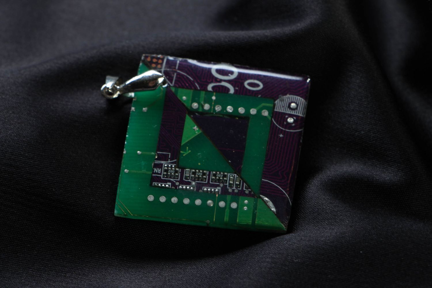 Square cyberpunk pendant with microchips photo 3
