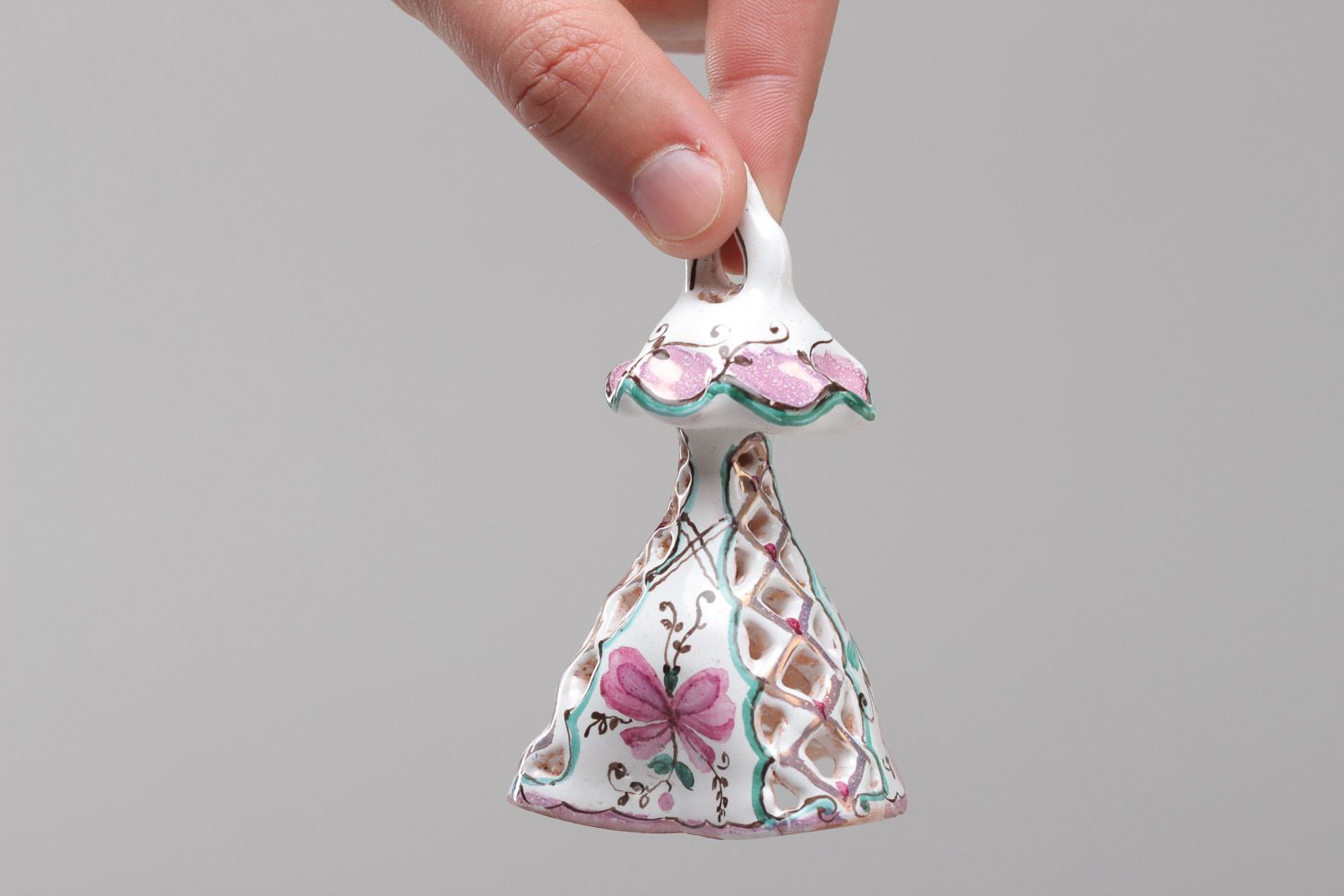 Декоративный керамический колокольчик с покрытием эмалью ручной работы красивый фото 5
