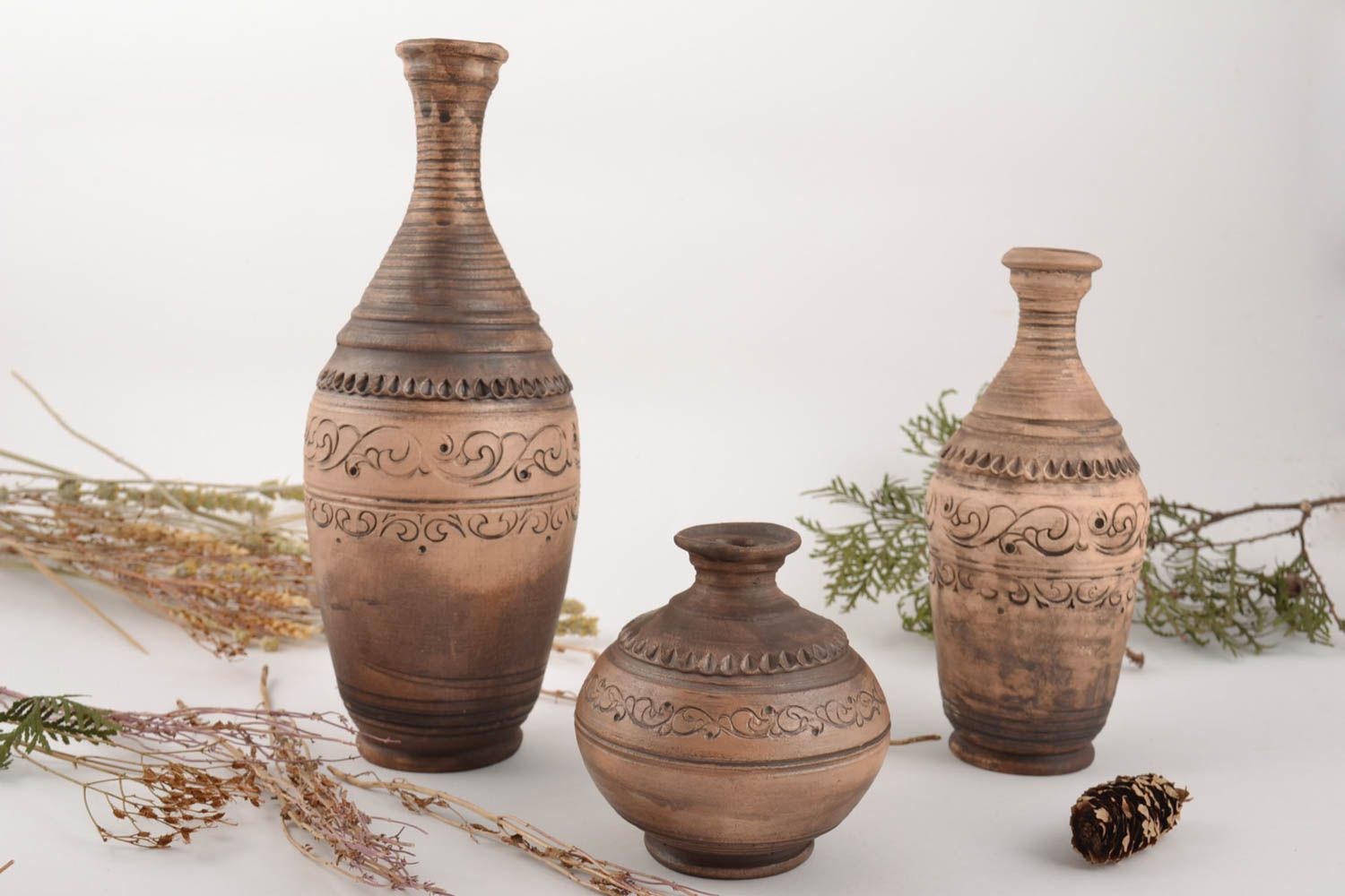 Set of 3 handmade ceramic ethnic bottles of different shapes 250 ml 500 ml 1 l photo 1