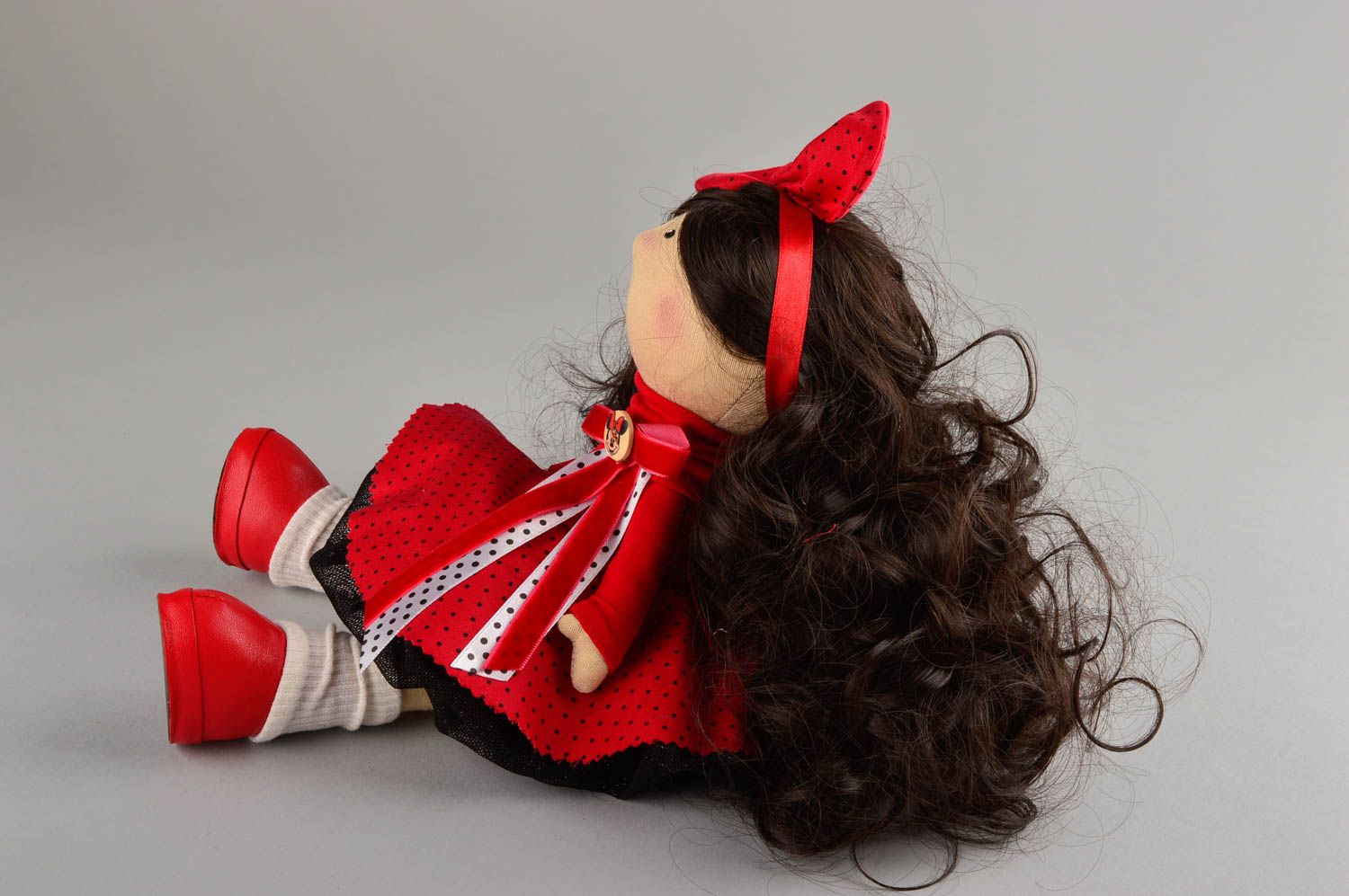 Designer doll bright handmade doll in red dress textile toy decorative use only photo 3
