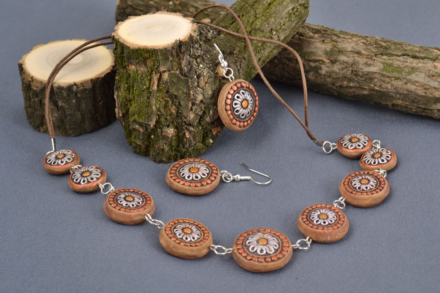 Set of handmade ceramic ethnic jewelry set 2 items bead necklace and earrings photo 1