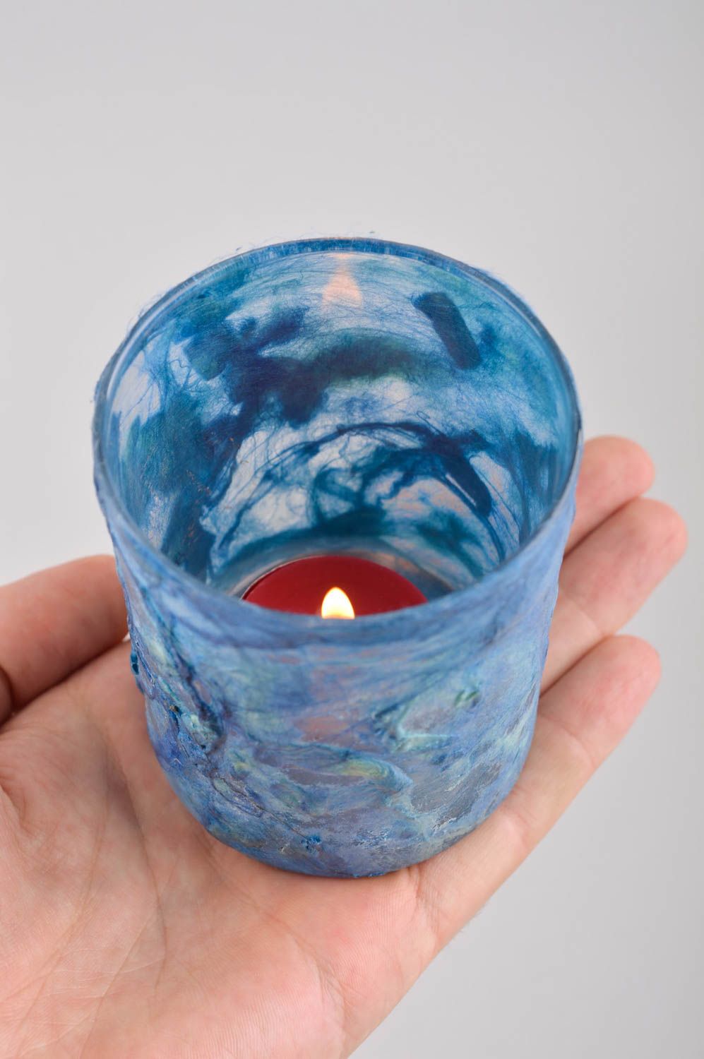 Glass one tea light candle holder in blue color 3,54 inches, 0,45 lb photo 4