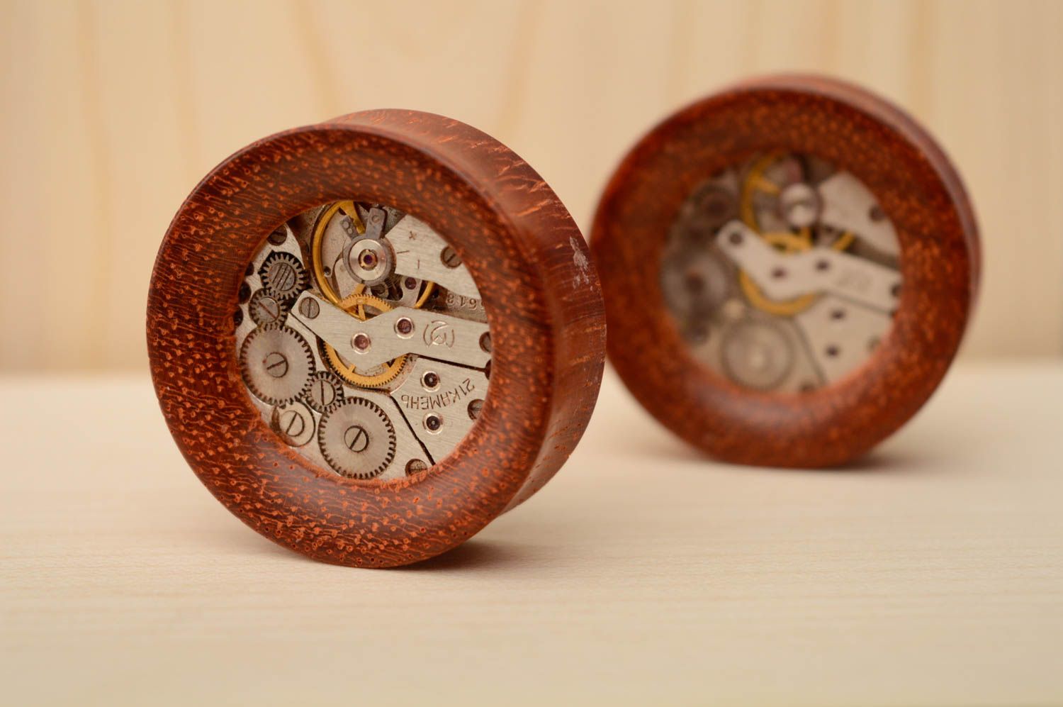 Padauk wood plug earrings with clock mechanism photo 3