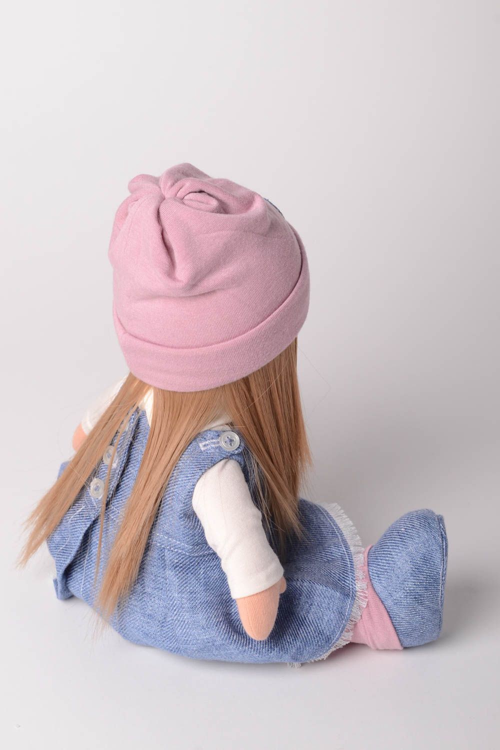Кукла ручной работы кукла из ткани мягкая кукла трикотажная в джинсовом платье фото 3