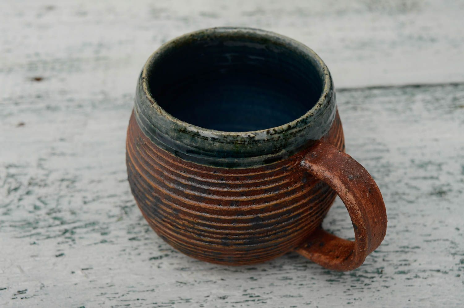 Dark brown ceramic cup glazed inside with handle in rustic classic design photo 2