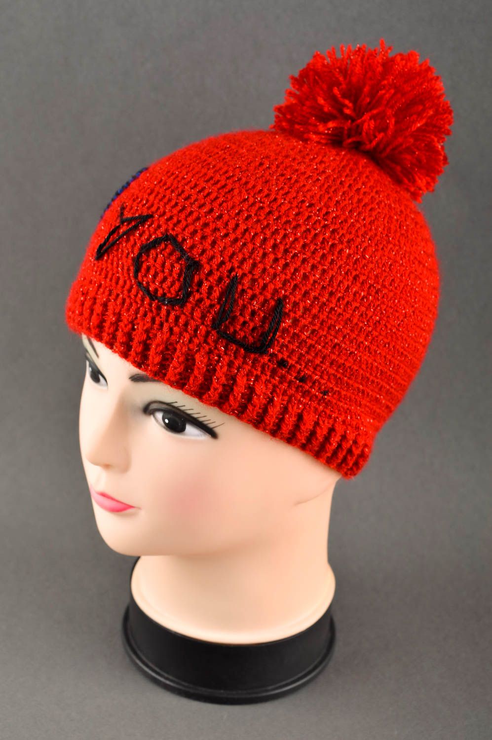 Mädchen Mütze handmade Kindermütze Winter rote Mütze mit Bommel ausgefallen foto 1
