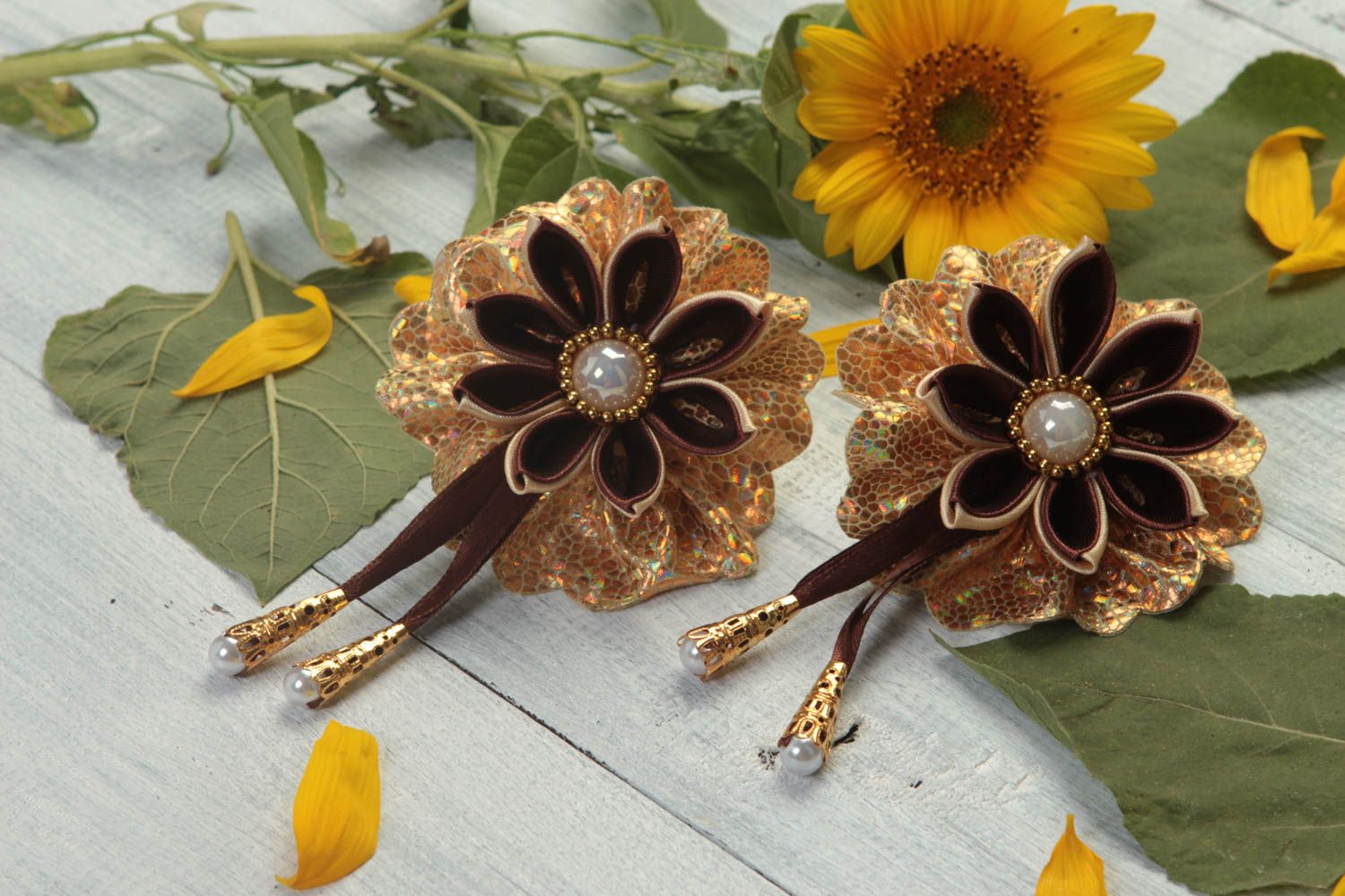 Designer jewelry handmade hair accessories set of 2 flower hair ties kanzashi photo 1