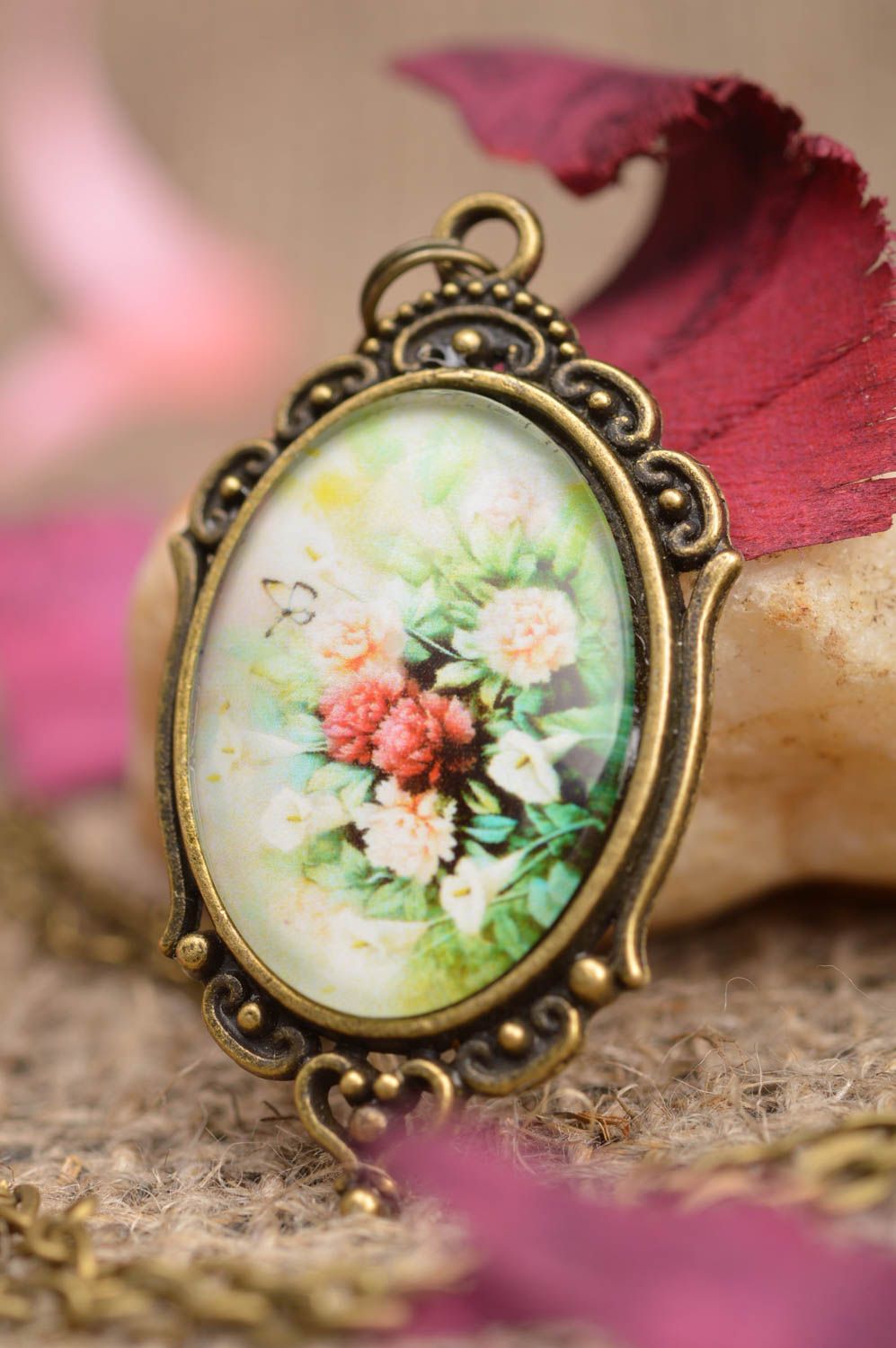 Handmade cute oval pendant on long chain with flowers in vintage style photo 1