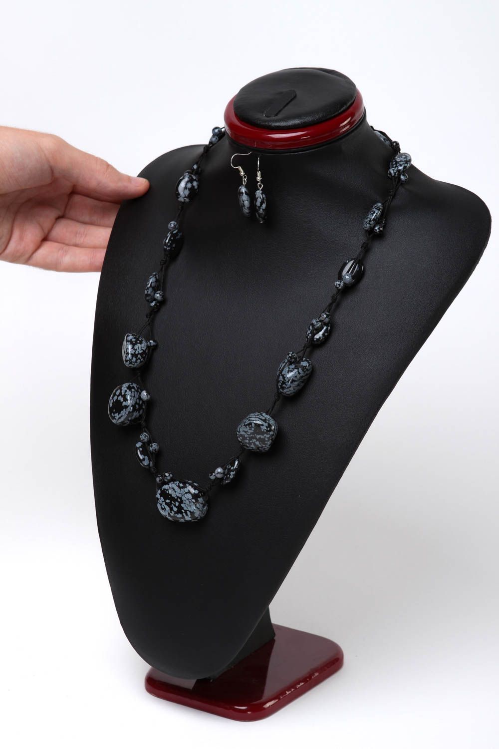 Handmade Modeschmuck Ohrringe Damen Collier Schmuck Set Obsidian künstlerisch foto 5