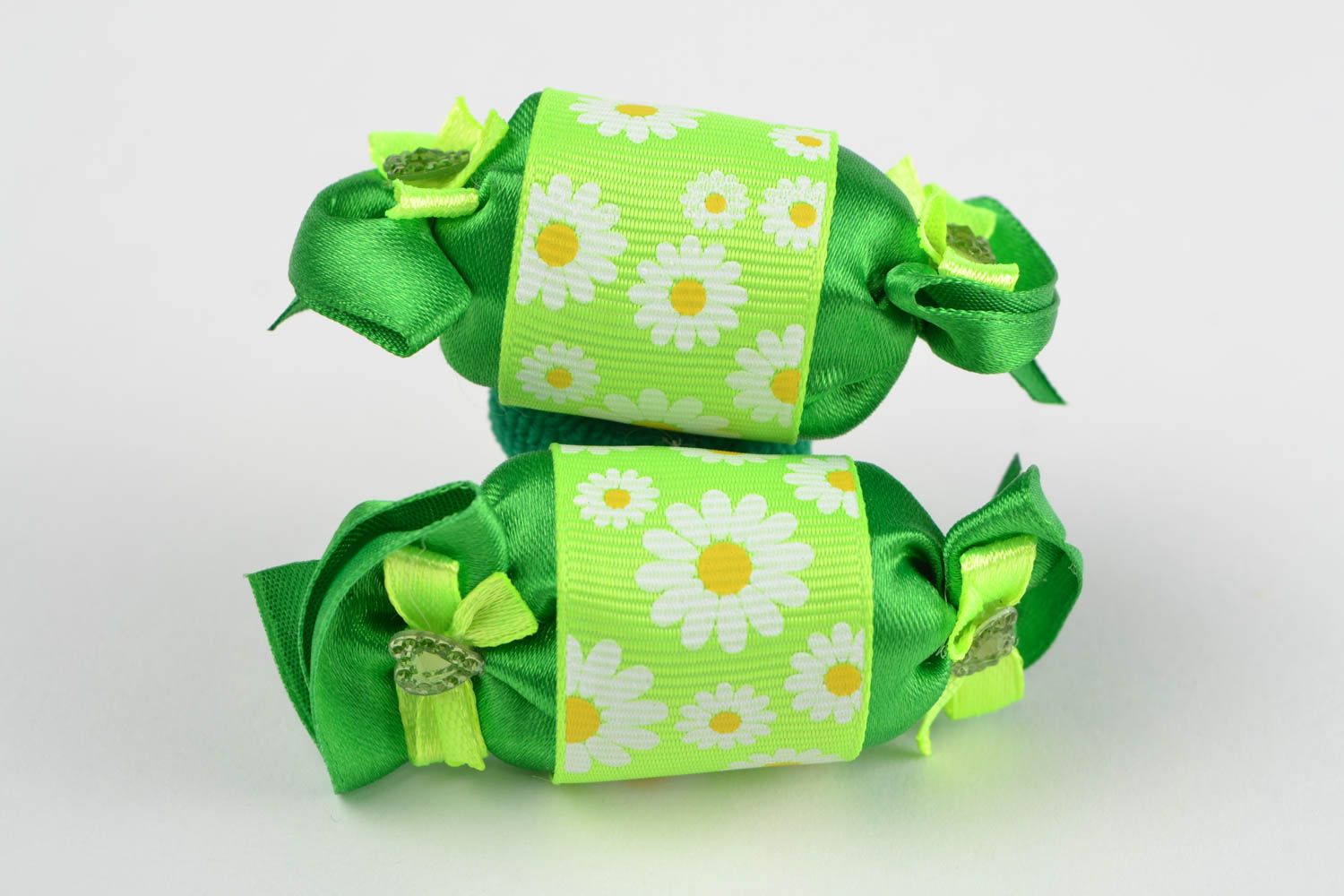 Set of green handmade designer children's textile hair ties 2 pieces Candies photo 3