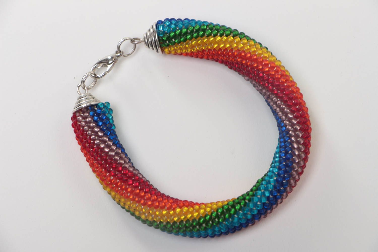 Handmade massive stylish wrist beaded cord bracelet of rainbow coloring photo 2