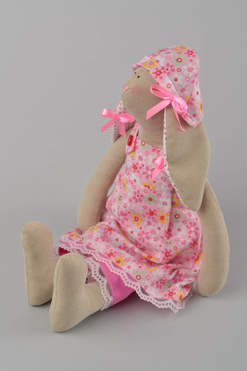 Handmade designer fabric soft toy rabbit in pink dress and hat for interior  photo 1