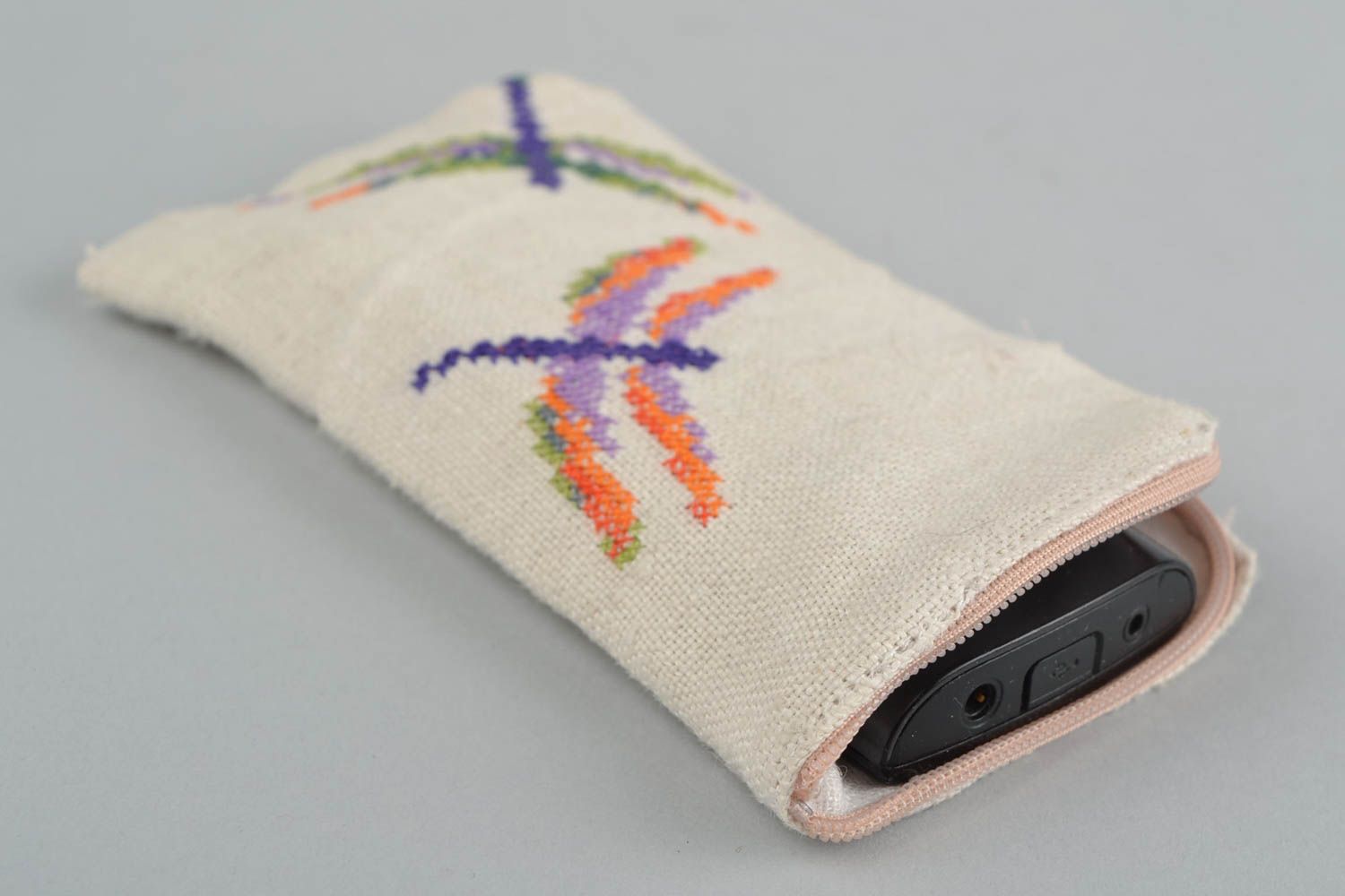 Handmade hemp fabric mobile phone case with cross stitch embroidery Dragonflies photo 1