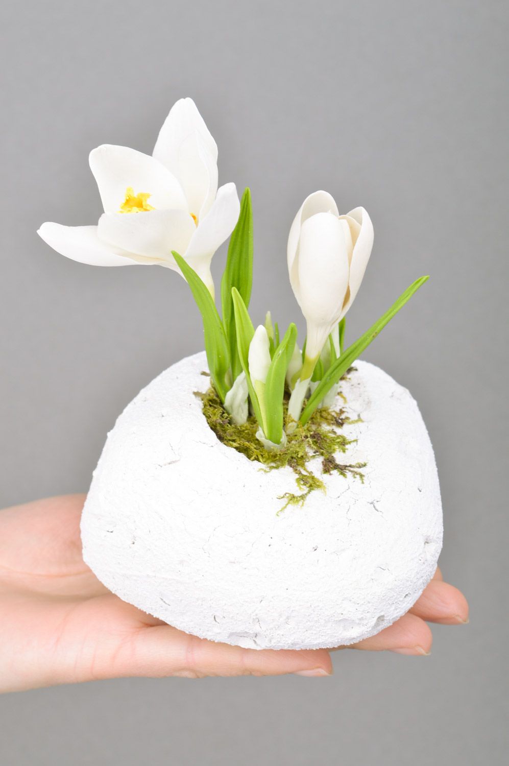 Handmade decorative white crocus flower molded of polymer clay on stand photo 5