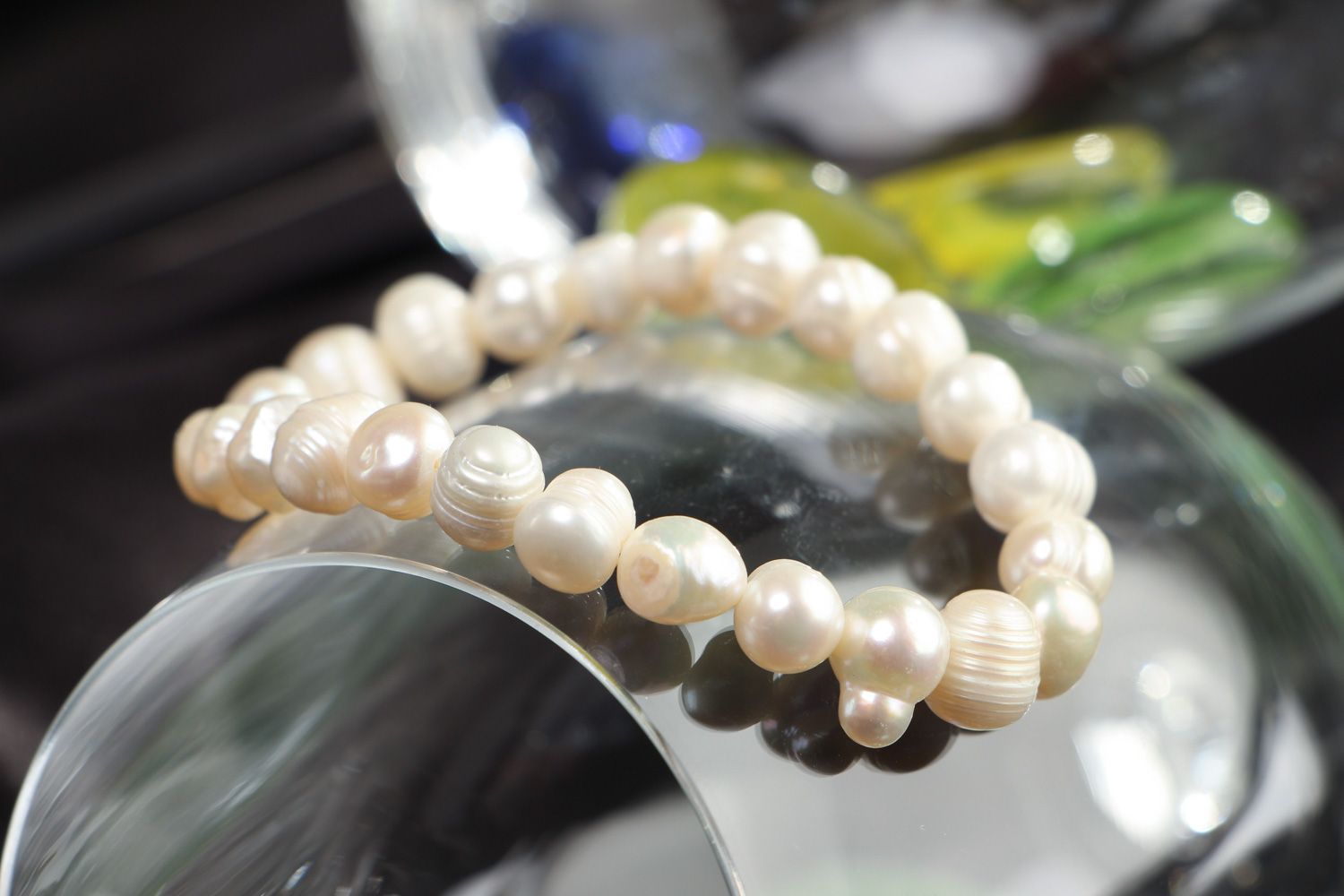 Stylish handmade stretch wrist bracelet with white fresh water pearls for women photo 4