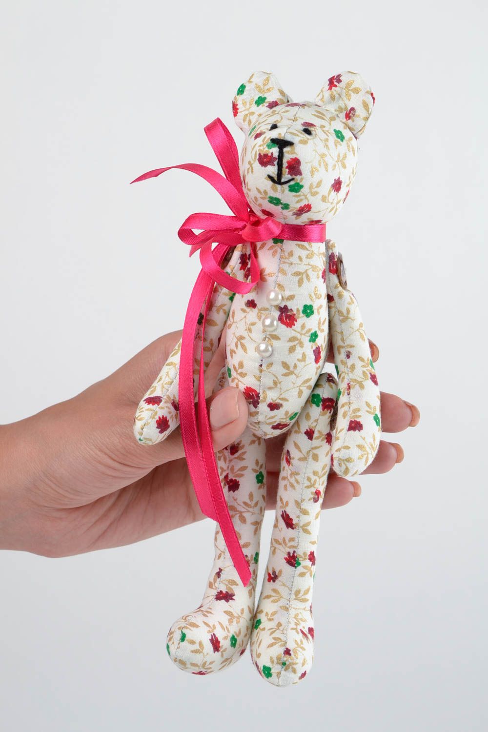 Peluche ours Jouet enfant fait main en coton blanc motif floral Cadeau original photo 2