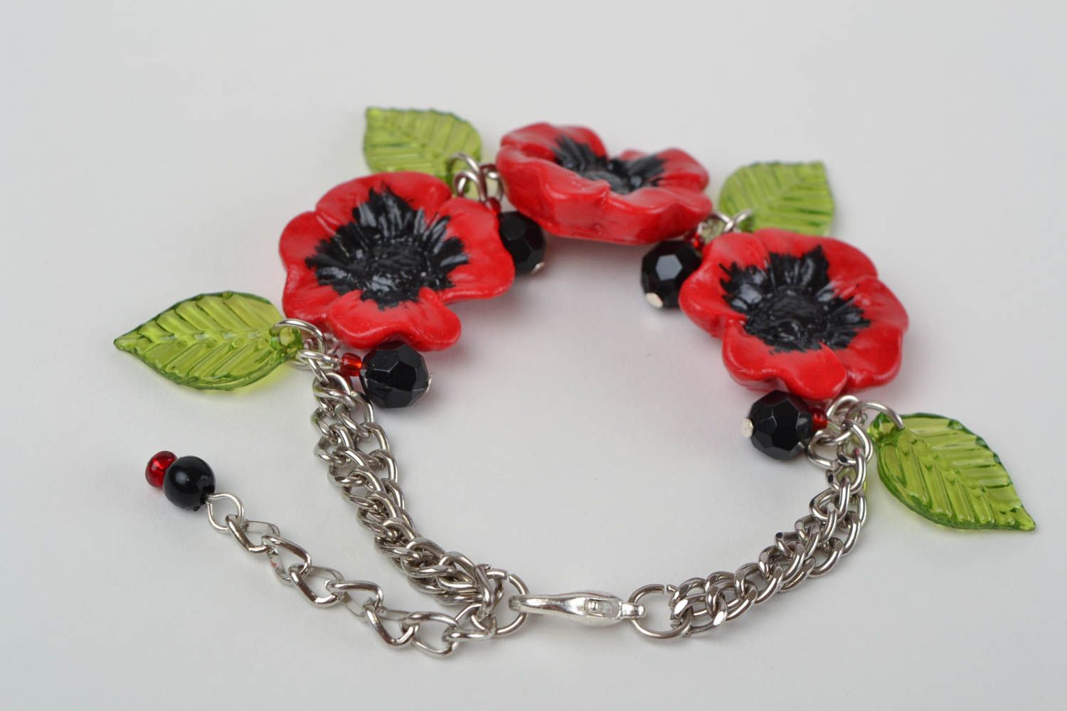 Handmade designer metal chain wrist bracelet with polymer clay red poppy flowers photo 6