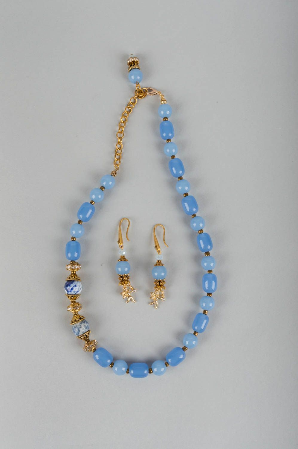 Handmade blue set of jewelry with natural stones 2 pieces earrings and necklace photo 2
