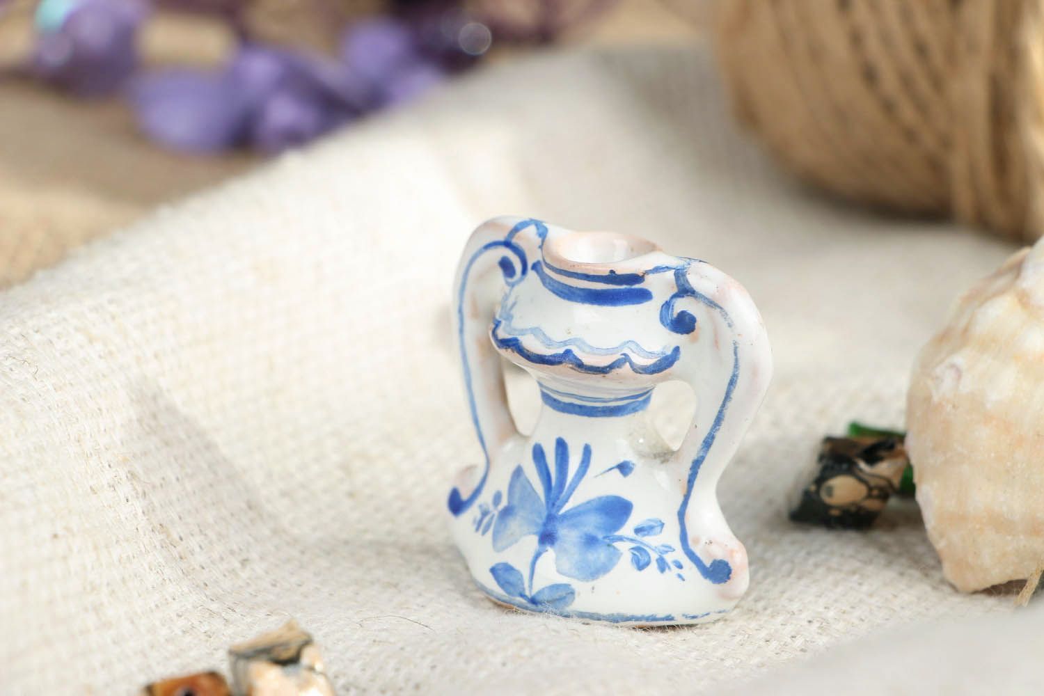 1 inch small ceramic white and blue vase with two handles 0,04 lb photo 5