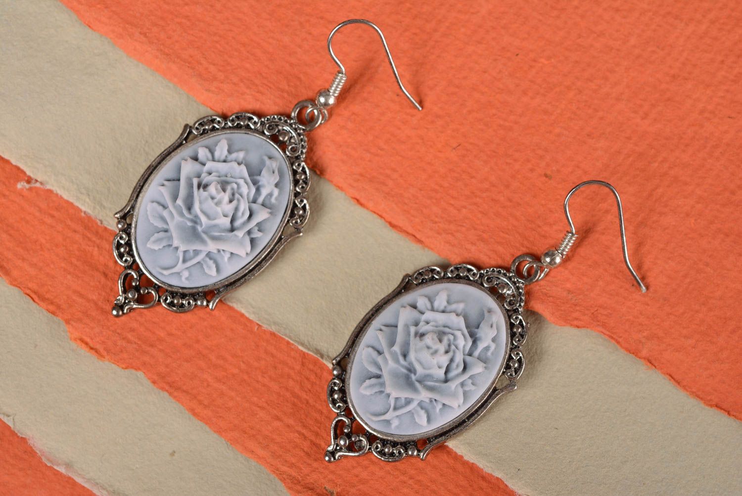 Handmade stylish earrings with cameos charms made of polymer clay and metal  photo 1