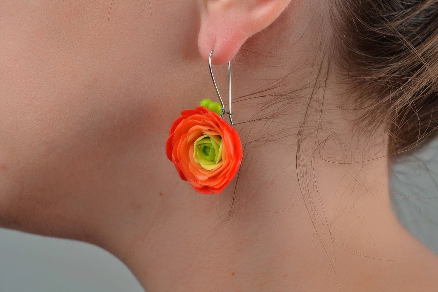 Handmade colorful big earrings made of polymer clay in shape of flowers jewelry photo 2