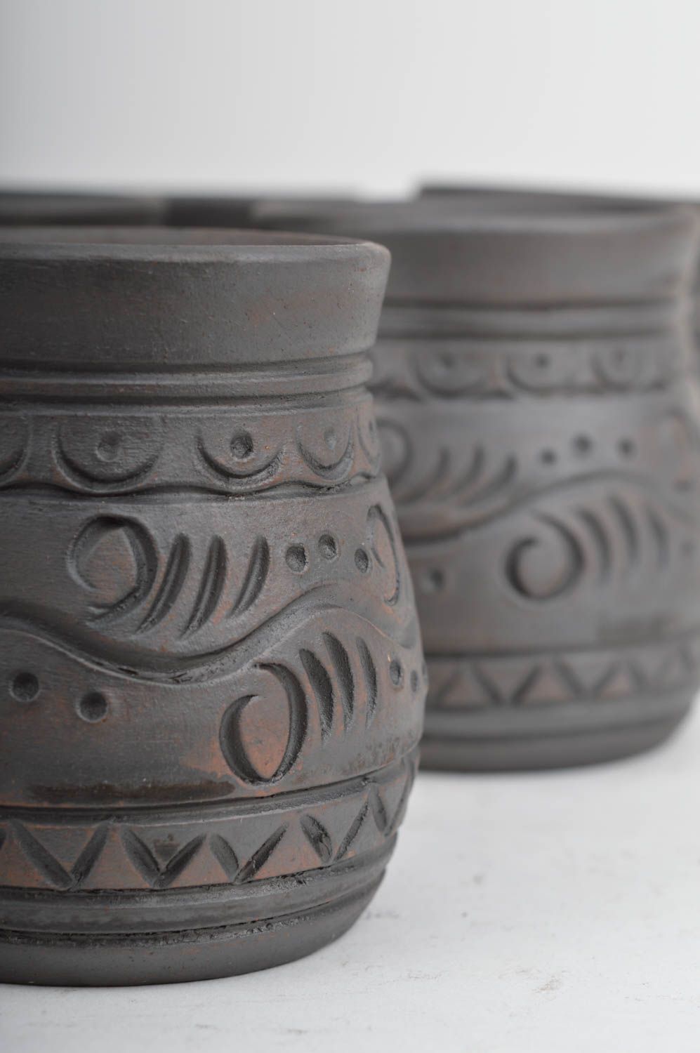 Set of 6 handmade decorative small ceramic ornamented ethnic shot glasses photo 4