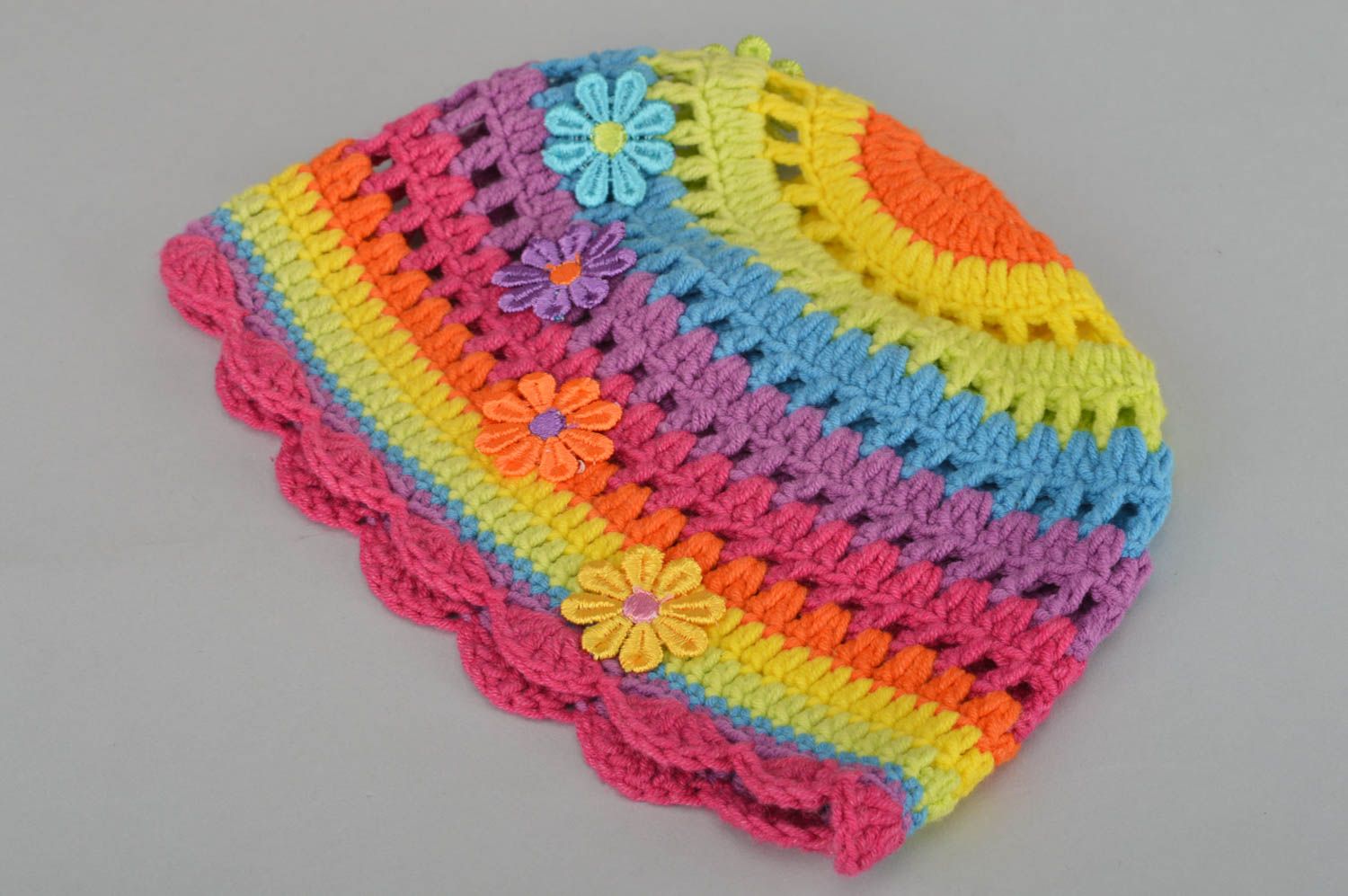 Bright crocheted cap handmade spring cap children cap designer headwear for kids photo 2