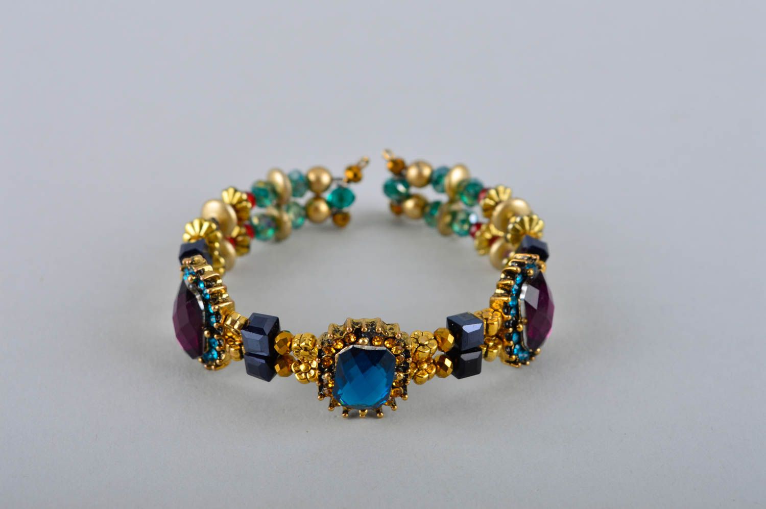 Crystal cherry and gold color bead cuff bracelet for girls photo 2