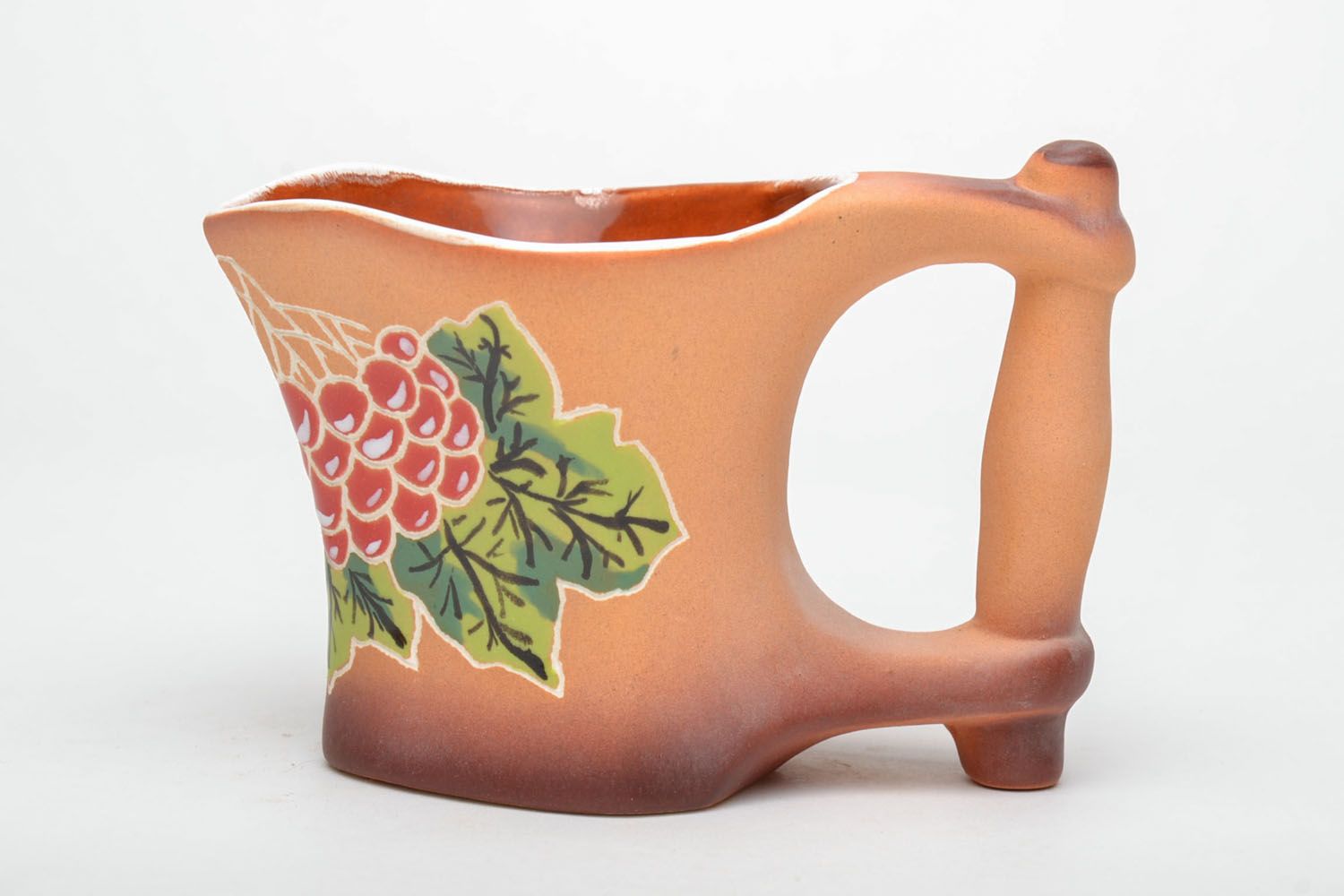 8 oz clay glazed wine-drinking cup with a wide handle and grapes pattern photo 2