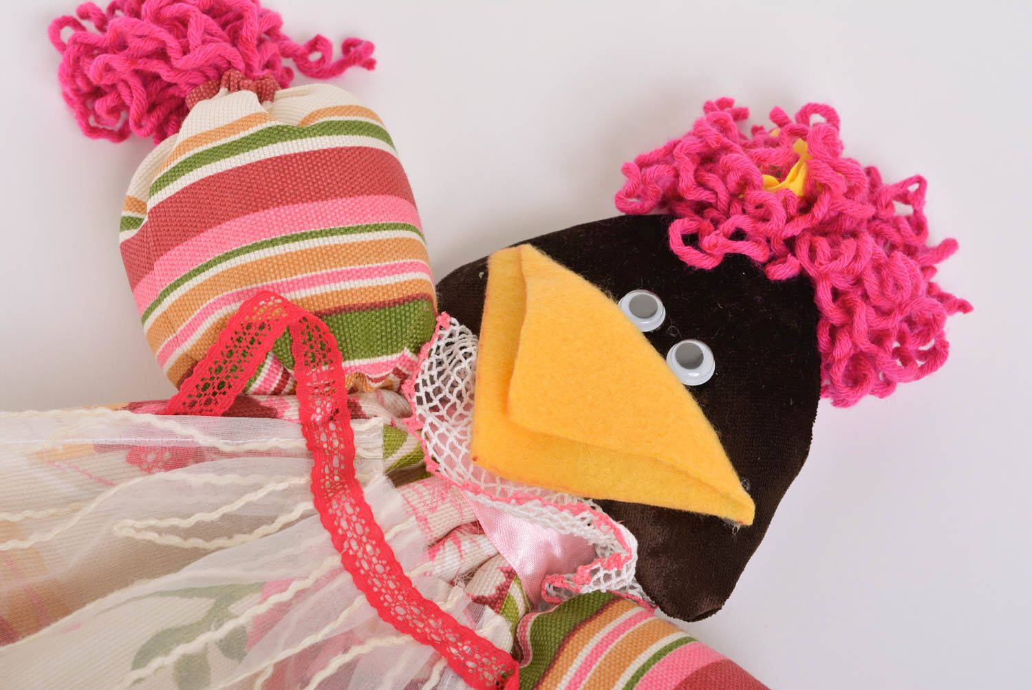 Handmade interior soft toy sewn of fabrics for plastic bags storage Crow photo 2