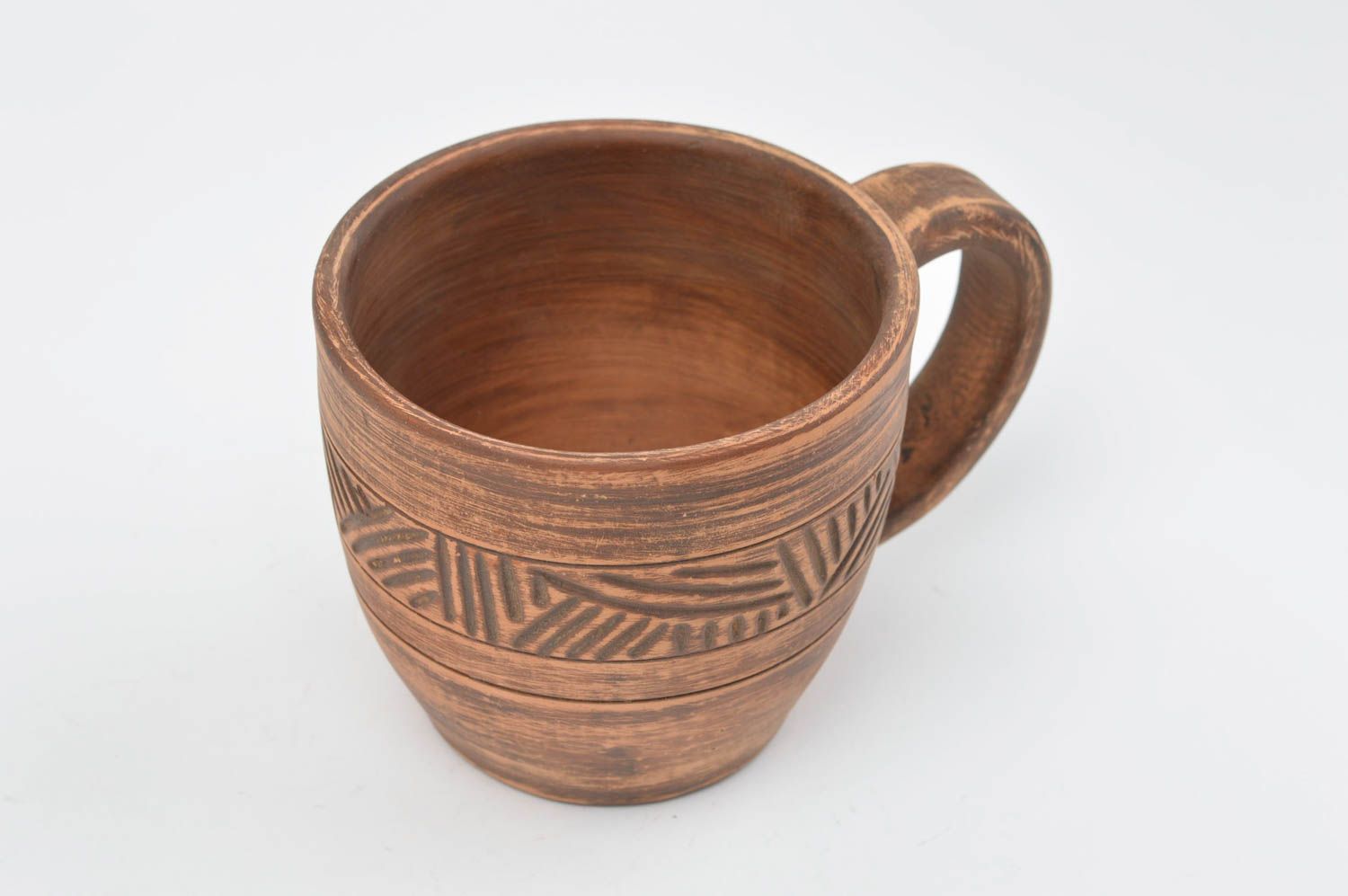3 oz clay not glazed coffee cup with handle and line pattern photo 3