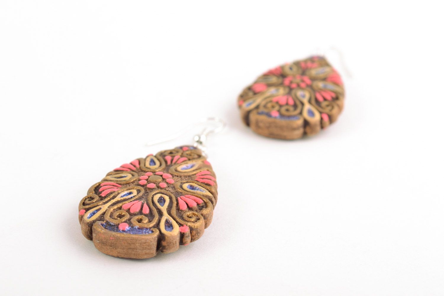 Handmade clay drop earrings painted with acrylics for women photo 3