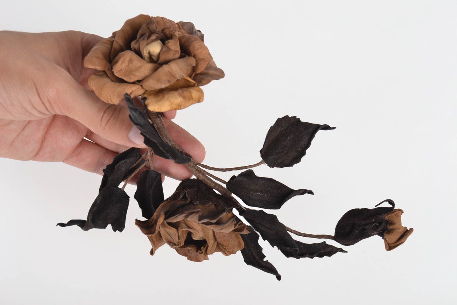Broche fleur Bijou fantaisie Accessoire femme en cuir naturel marron cadeau photo 5