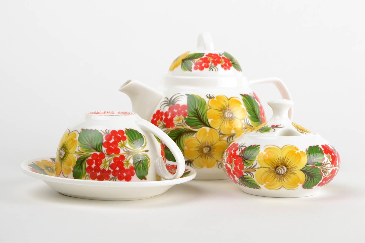 Фарфоровый набор посуды с Петриковской росписью чайник чашка с блюдцем сахарница фото 5