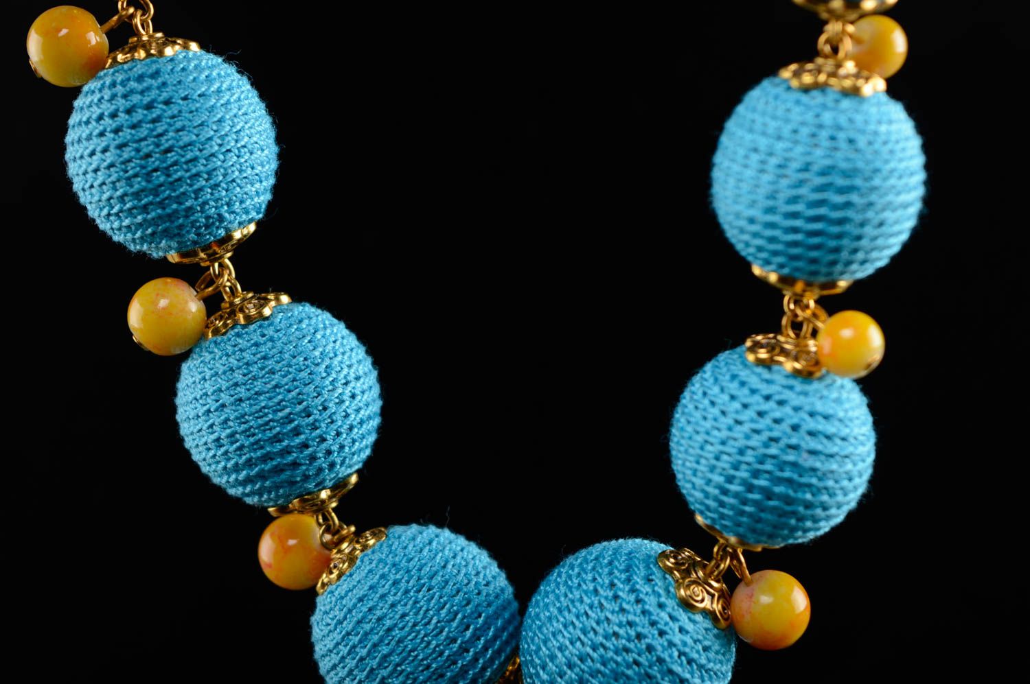 Joli collier tricoté en fil de coton et lin fait main Lagune bleue bijou femme photo 3