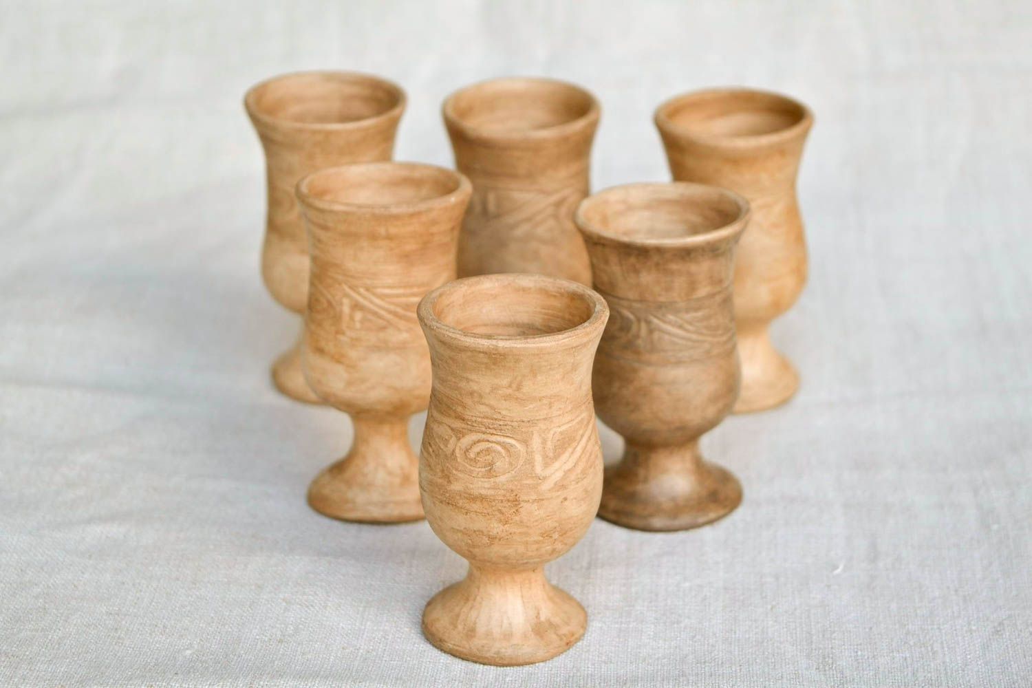 Set of 6 six wine drinking 2,5 oz goblets in Roman style and pattern made of white clay photo 4