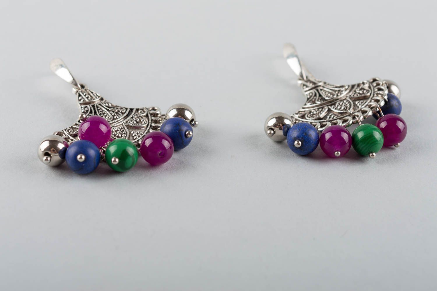 Handmade designer metal dangling earrings with malachite lazuli and nephrite photo 3