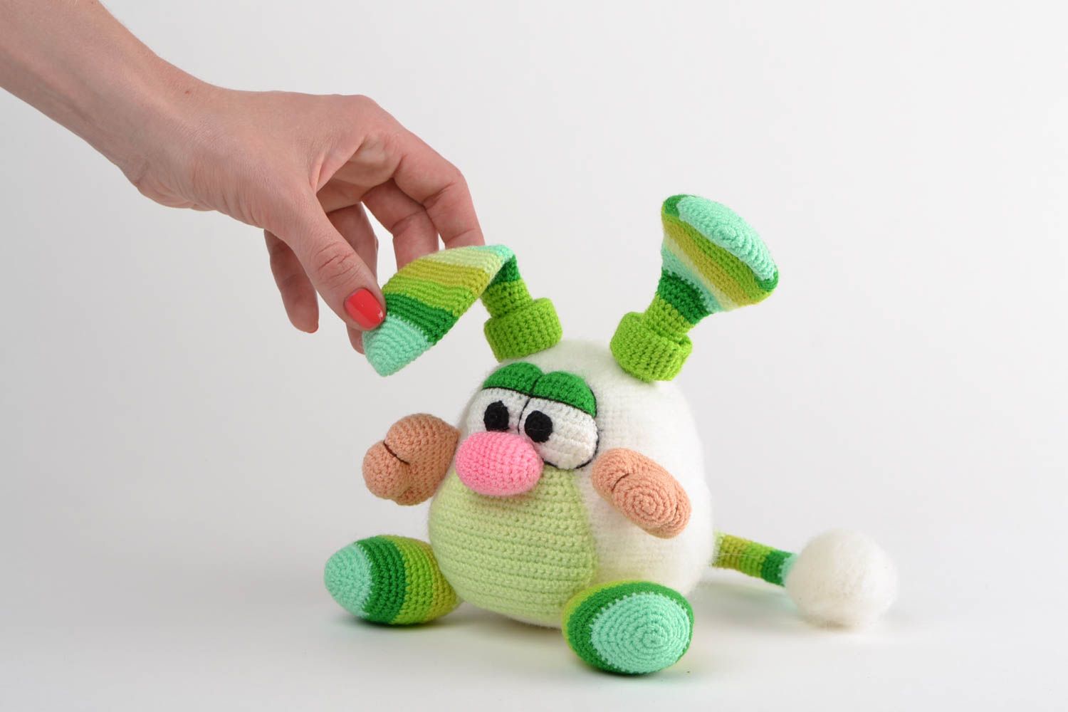 Handmade designer soft toy crocheted of acrylic threads green striped rabbit photo 2