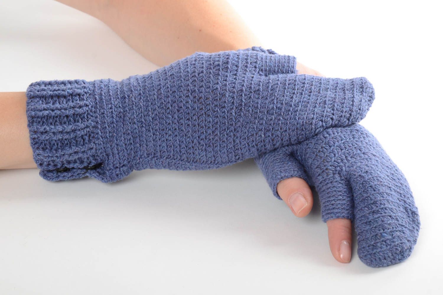 Moufles tricotées fait main Gants moufles Vêtement homme chaudes bleues en laine photo 1